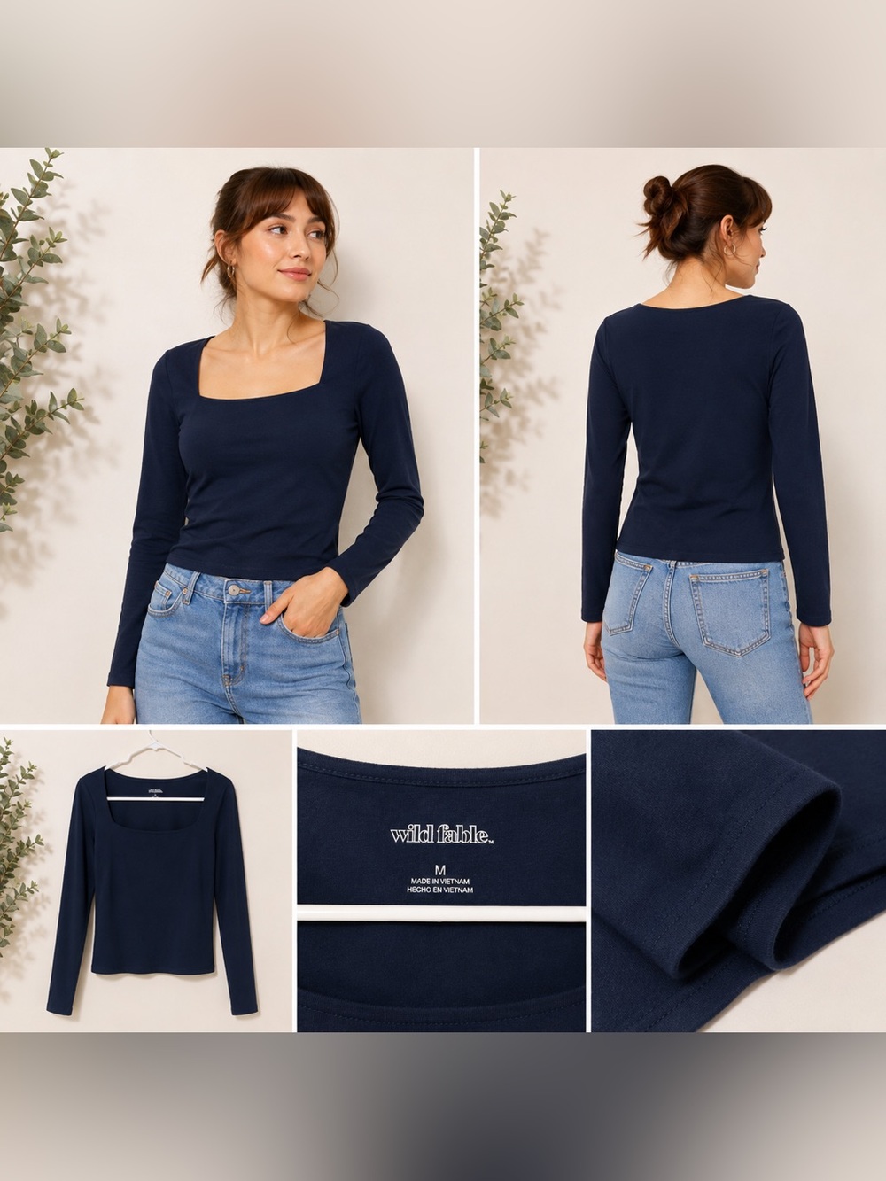 wild fable Navy Square-Neck Long Sleeve Top